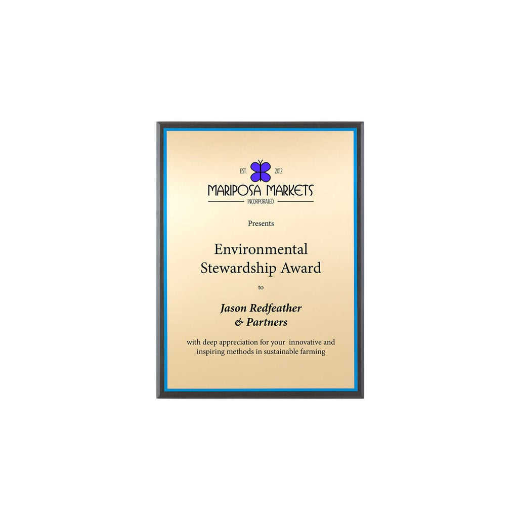 FSC Recycled black mini plaque with gold plate and blue backer. Made in USA.