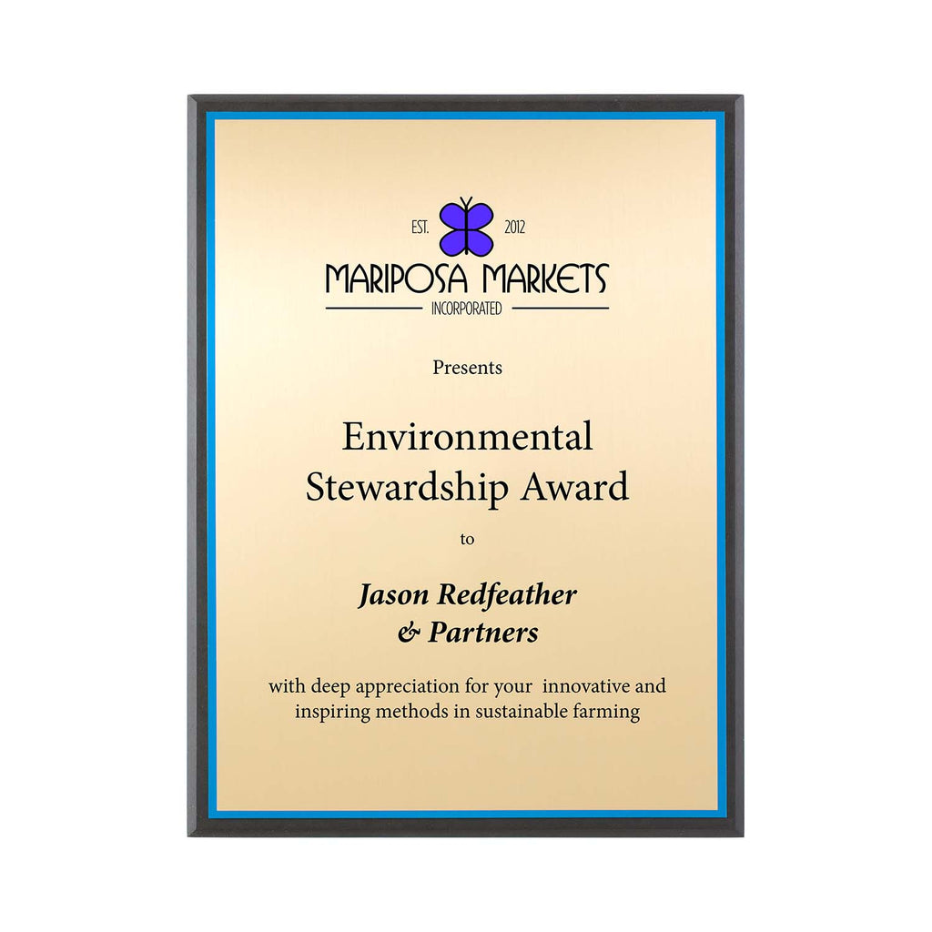 FSC Recycled black plaque with gold plate and blue backer. Made in USA by a Certified B Corp.
