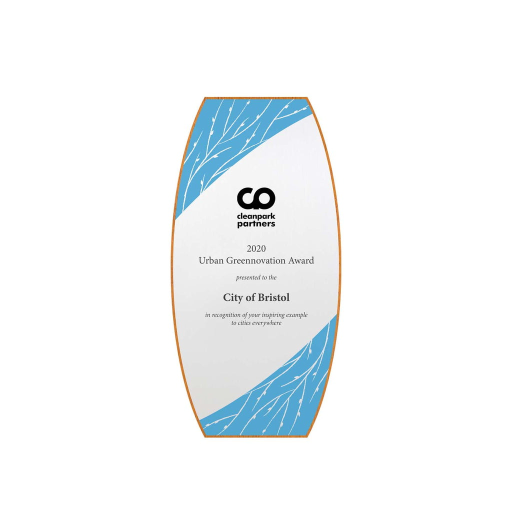 Eco-friendly spring-themed recognition award with silver and cyan design on FSC-certified mahogany
