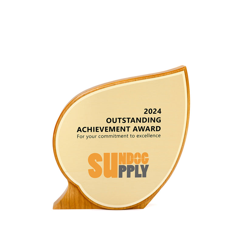 Original FSC-certified cherry wood award, leaf shaped, handcrafted in Virginia, ideal for corporate sustainability recognition

