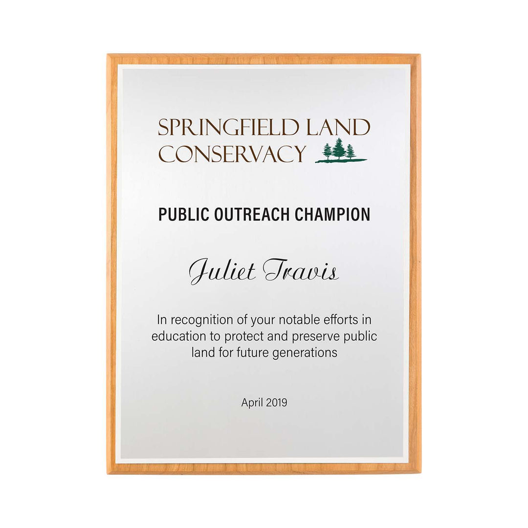 FSC cherry plaque with silver plate and bright silver backer, Made in the USA.