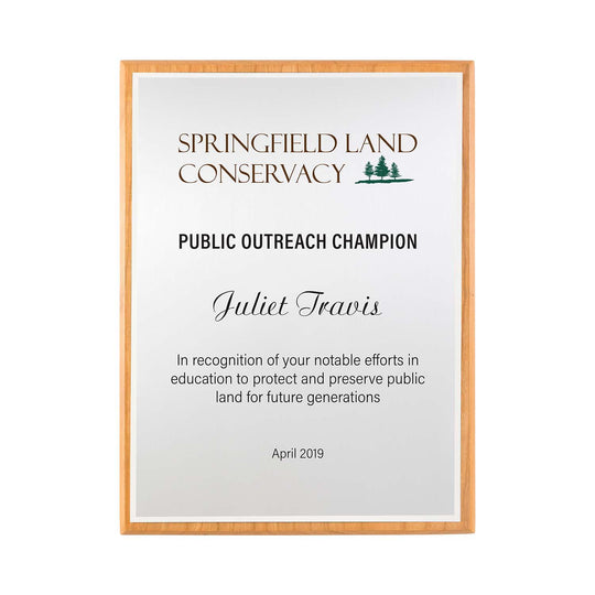 FSC cherry plaque with silver plate and bright silver backer, Made in the USA.
