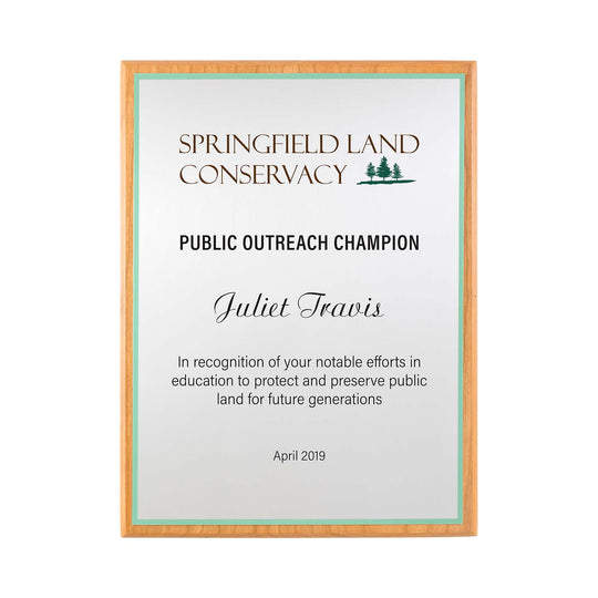 FSC cherry plaque with silver plate and green backer, Made in the USA.