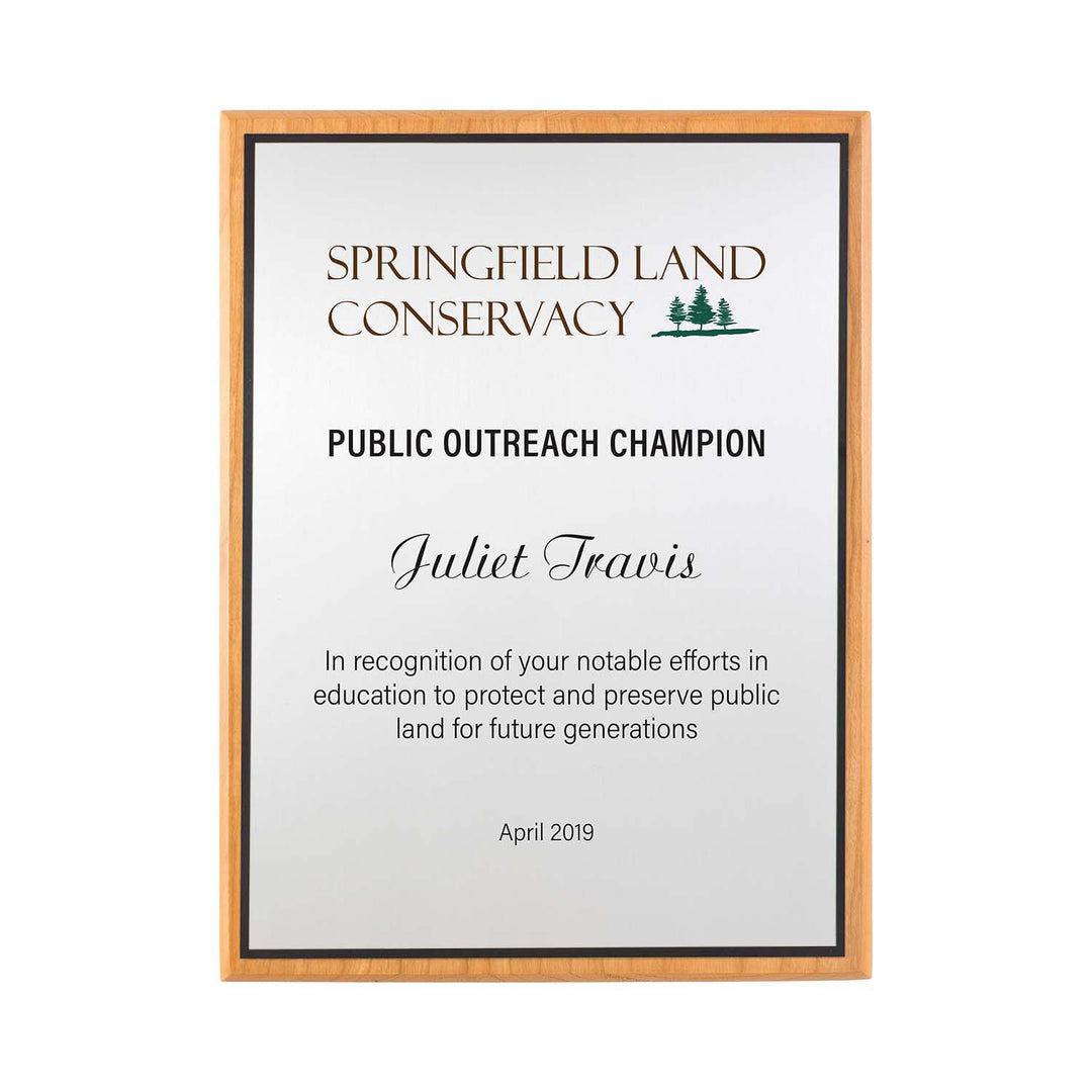 FSC cherry plaque with silver plate and black backer, Made in the USA.