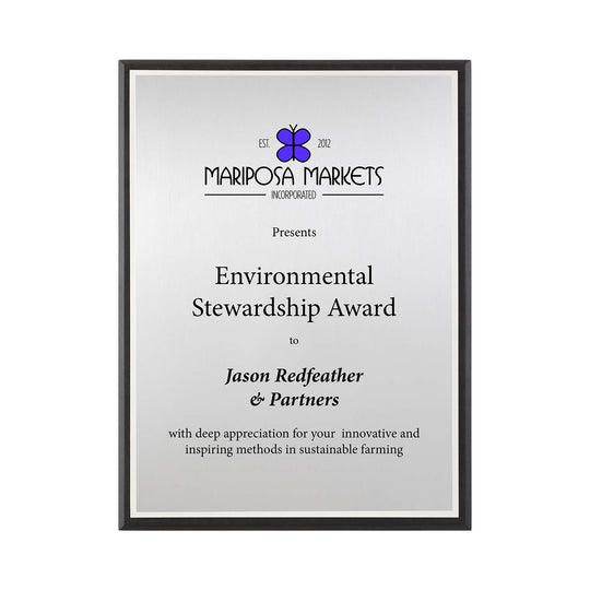 FSC Recycled black plaque with silver plate and bright silver backer. Made in USA by a Certified B Corp.