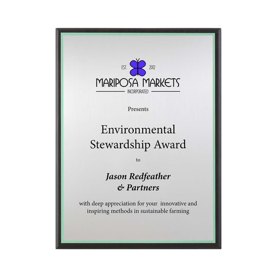 FSC Recycled black plaque with silver plate and green backer. Made in USA by a Certified B Corp