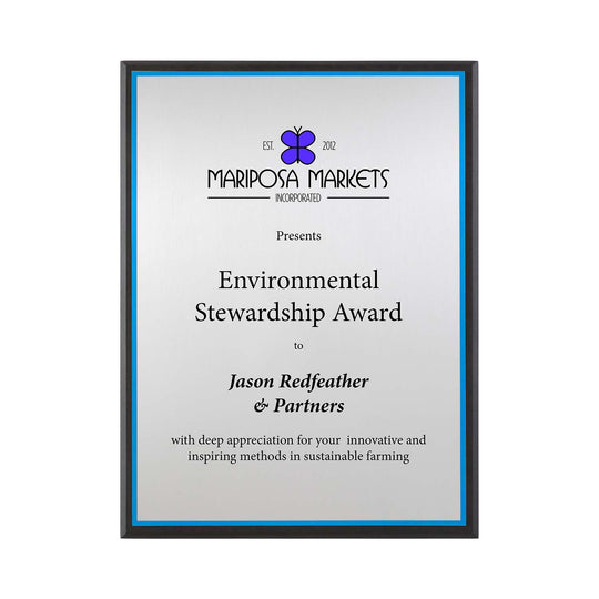 FSC Recycled black plaque with silver plate and blue backer. Made in USA by a Certified B Corp.