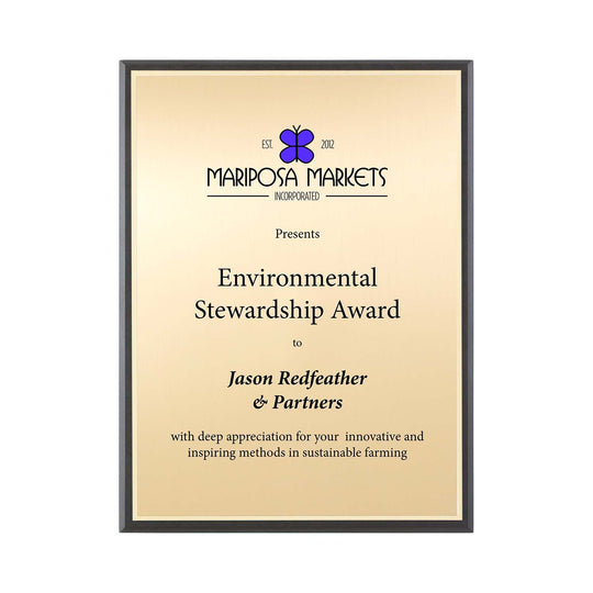 FSC Recycled black plaque with gold plate and bright gold backer. Made in USA by a Certified B Corp.