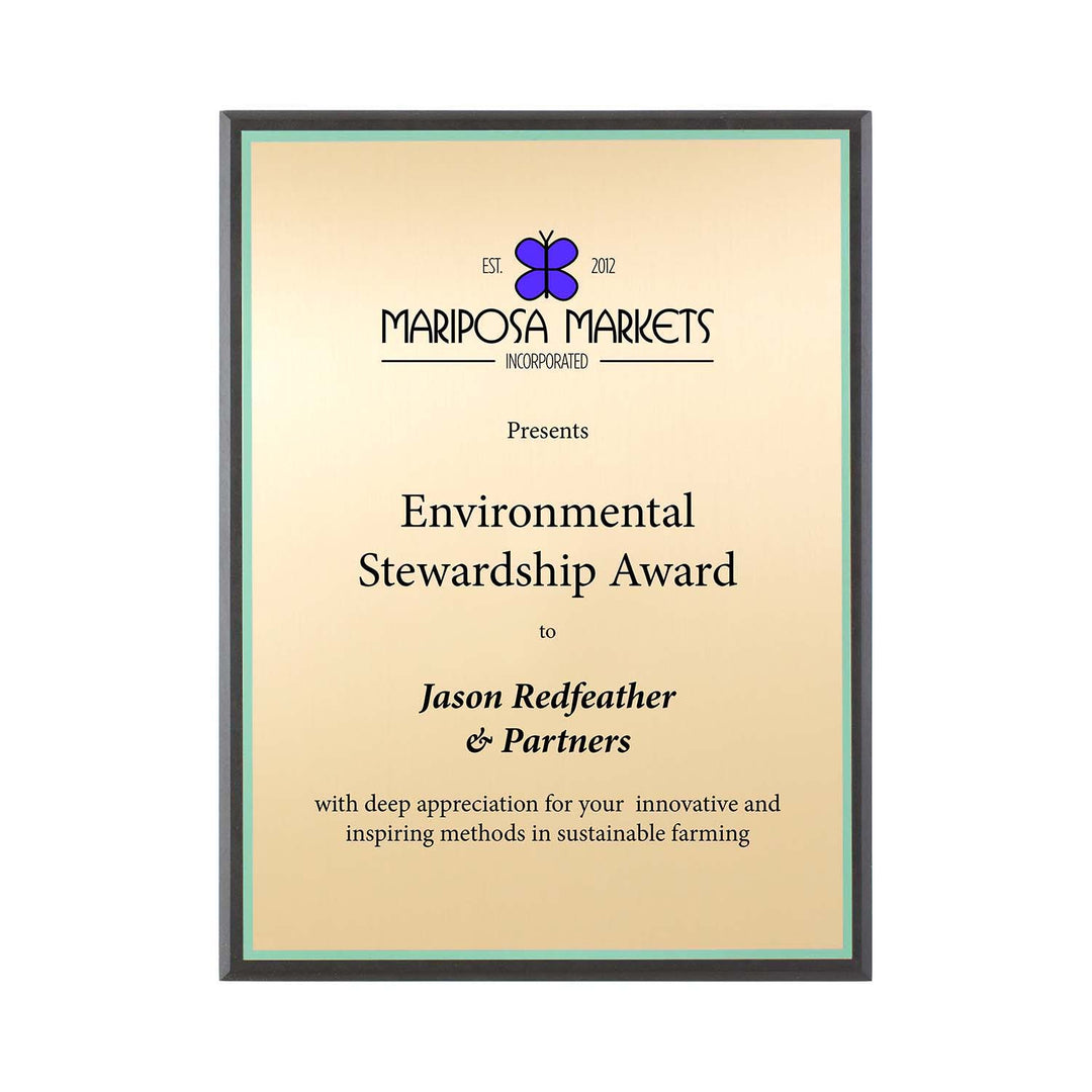 FSC Recycled black plaque with gold plate and green backer. Made in USA by a Certified B Corp.