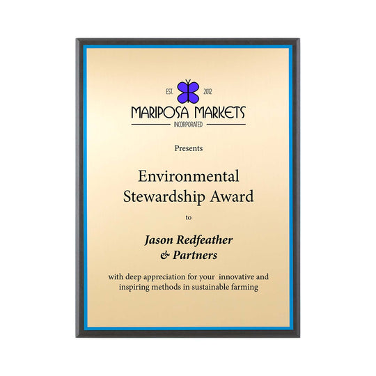 FSC Recycled black plaque with gold plate and blue backer. Made in USA by a Certified B Corp.