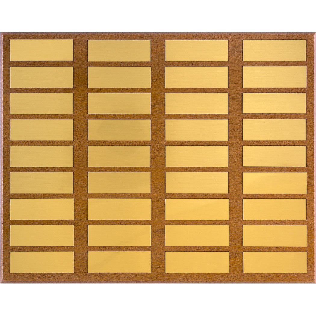 Large eco-friendly mahogany perpetual plaque with 36 gold nameplates; made in USA, perfect for team recognition