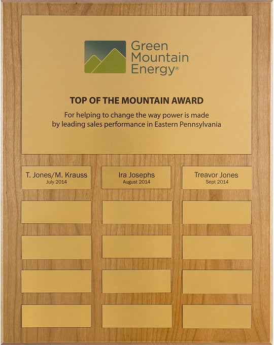 Cherry perpetual plaque with 15 gold plates; handcrafted in the USA from sustainable wood, ideal for donor or volunteer recognition
