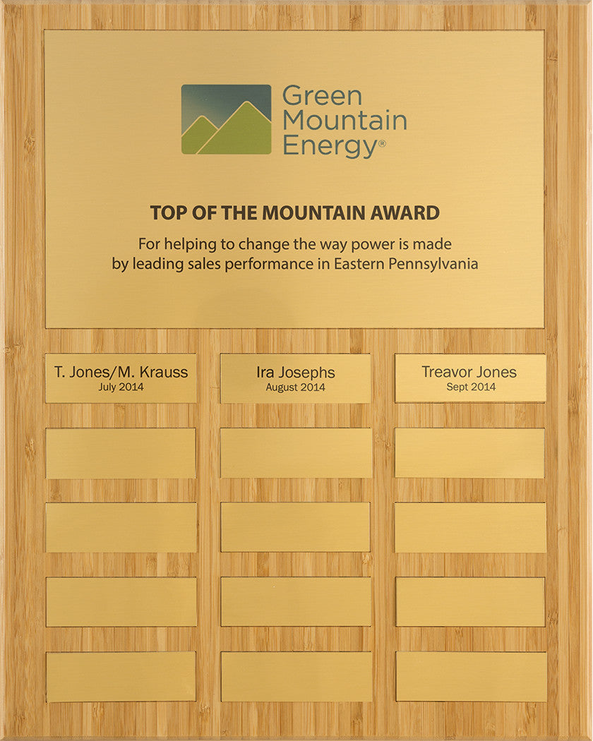 Eco-friendly bamboo perpetual plaque with 15 gold plates; USA made, perfect for budget-conscious recognition displays