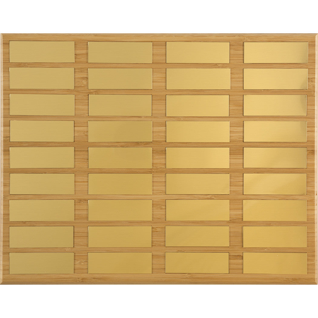 Eco-conscious bamboo perpetual plaque with 36 gold nameplates; USA made, ideal for long-term team or donor tracking