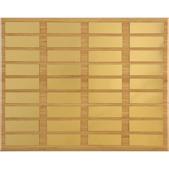 Eco-conscious bamboo perpetual plaque with 36 gold nameplates; USA made, ideal for long-term team or donor tracking