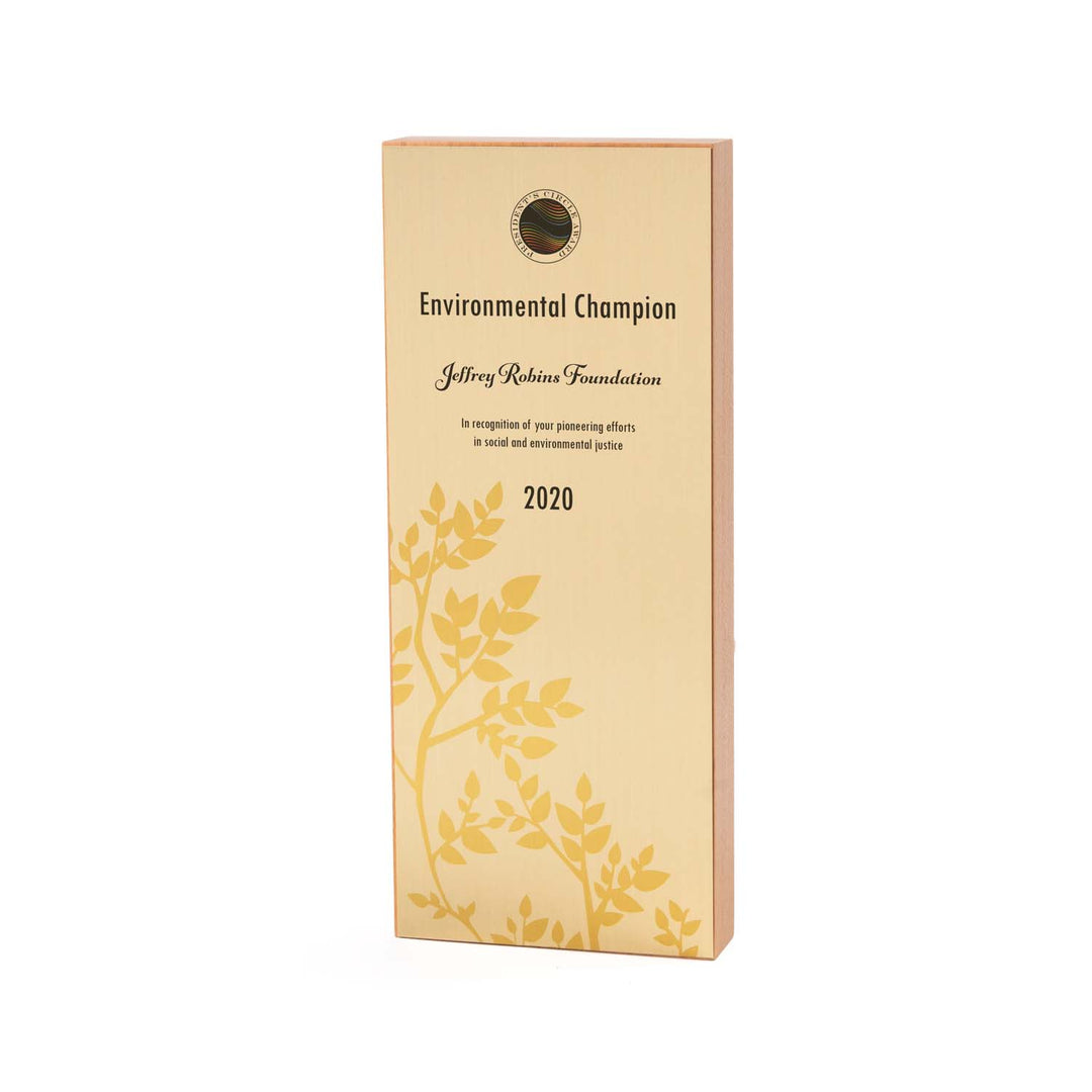 Freestanding cherry wood award with elm branch design on gold plate – eco-conscious recognition award