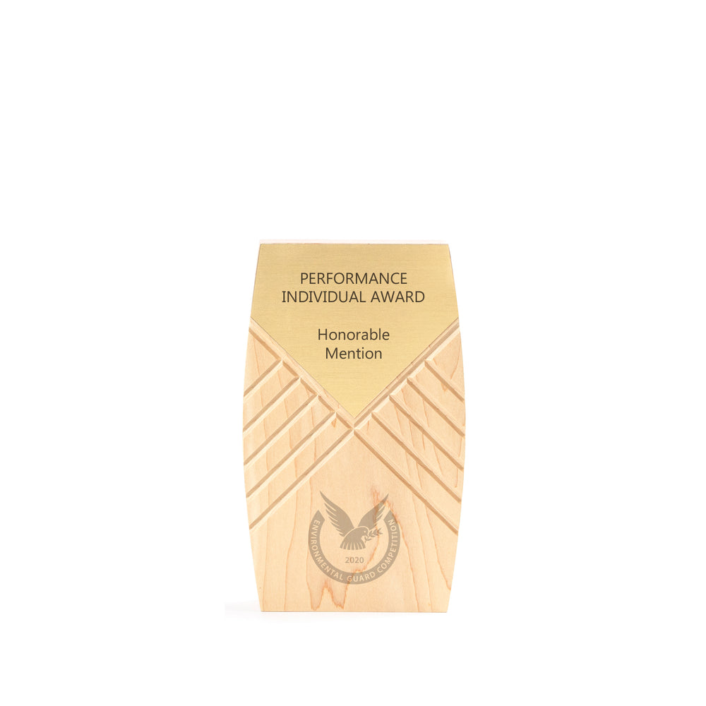 Small maple award with soft silhouette and gold plate – eco-conscious FSC maple recognition piece