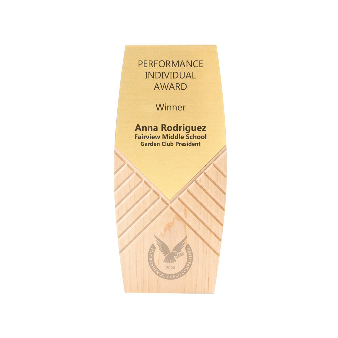 11-inch freestanding maple award with brushed gold plate – sustainable award handcrafted from FSC maple